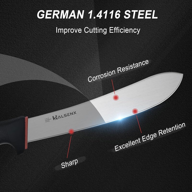 HALSENX 6PCS Professional Butcher Knife Set - 1.4116 German Steel & Softgrip, 8" Butcher, 6" Semi-Flex/Stiff Boning, 5" Skinning, 8" Sharpener Rod & Knife Roll Bag for Home Kitchen, Camping, Hunting - Image 3
